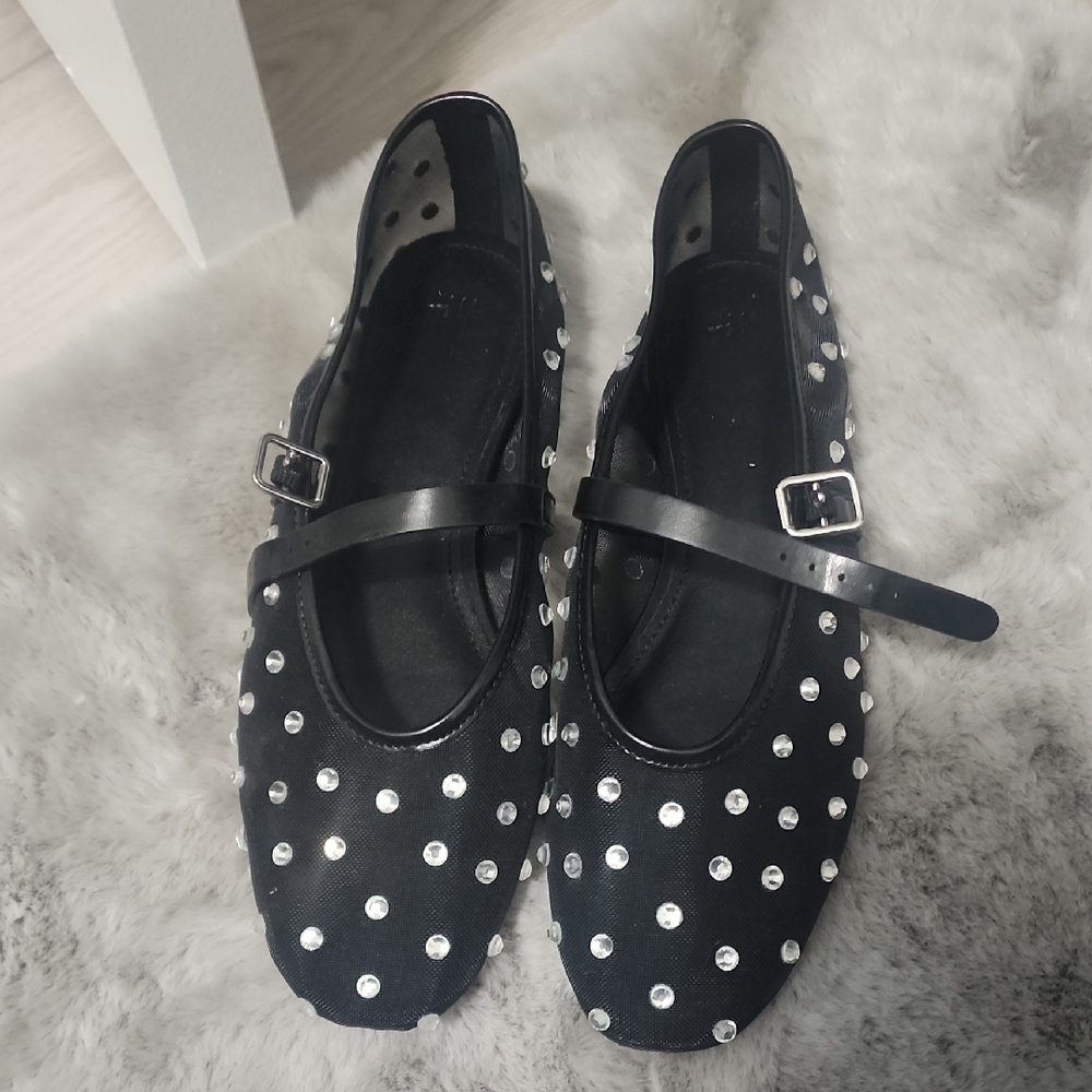 Alaia Style Mesh Mary Jane Flats with Silver Studs